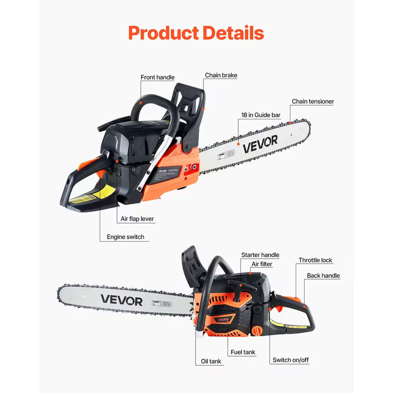 VEVOR 25CC/52CC/58CC 18" Gasoline Chainsaw Gas Powered Wood Cutting Engine Gas Chain Saw