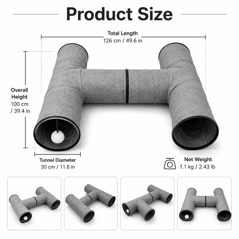 Foldable Cat Tunnel Toy, Detachable H-Shaped Indoor Cat
