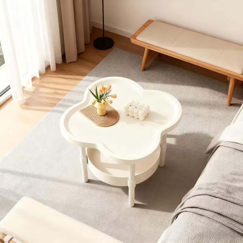 Cloud-Shaped Design Modern Coffee Table with Two Layers of Storage, White Plastic Material
