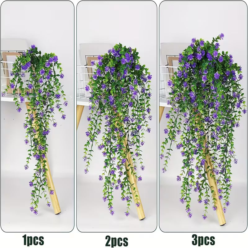 3pcs Artificial Hanging Vines with Purple Flowers & Green Leaves - Durable Plastic