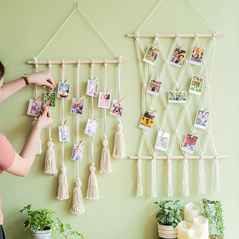 Unique Handwoven Boho Chic Macrame Photo Wall Hanging with Clips - Display for Photos