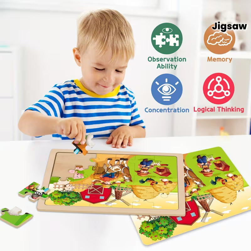 Large Animals Wooden Puzzles 4*24-Piece for Kids 4-in-1 Gift Box