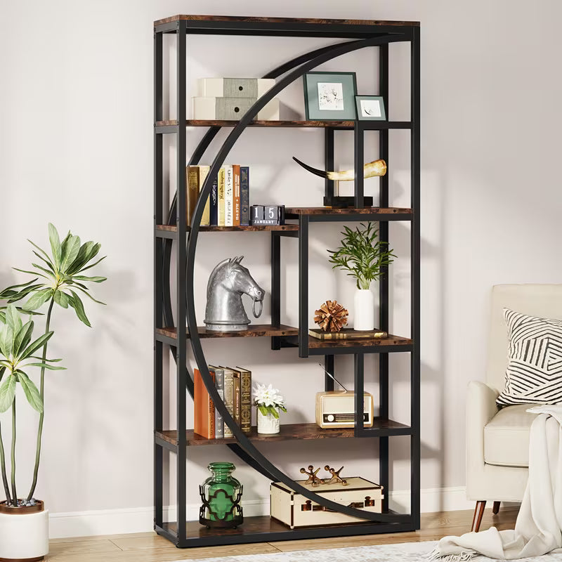 70.8" Rustic Brown Wooden Bookshelf - Industrial 5-Tier Open Shelf Bookcase