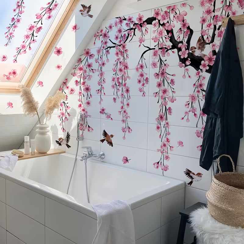 A Set of 4 - Creative Pink Peach Blossom Tree - Bird Falling Flower Bathtub Stickers