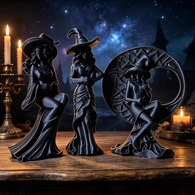 Set of Black Witch Statues, Gothic Moon Witch, Black