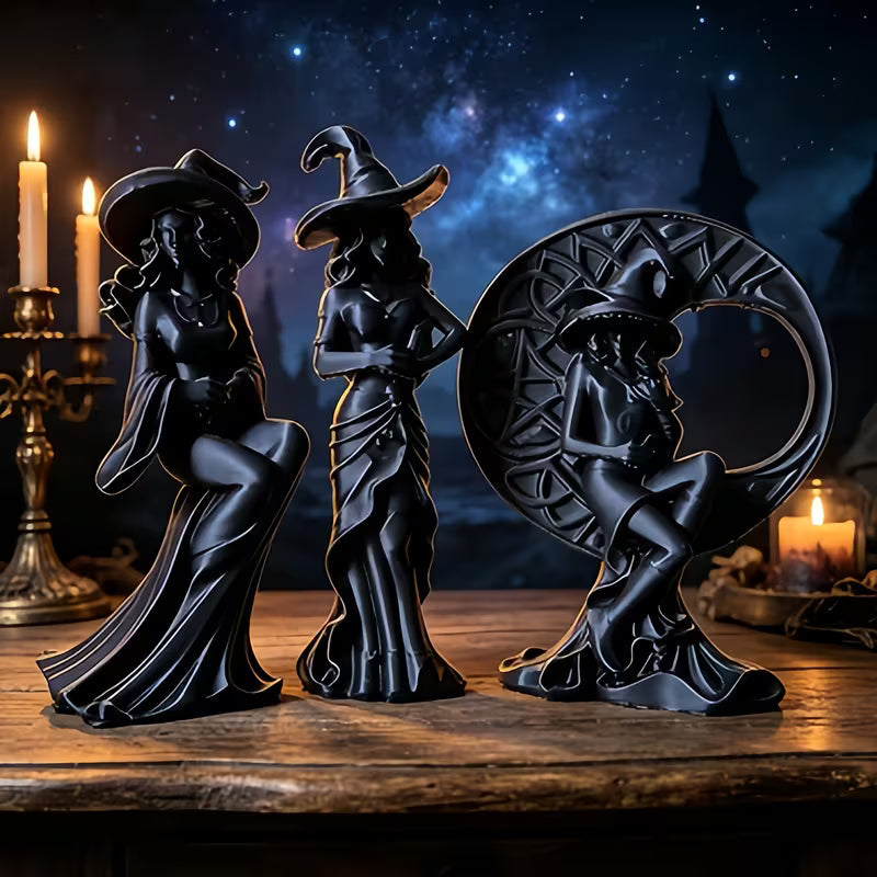 3pcs Set of Black Witch Statues, Gothic Moon Witch Statues, Witch Worship Pentagram Decorations