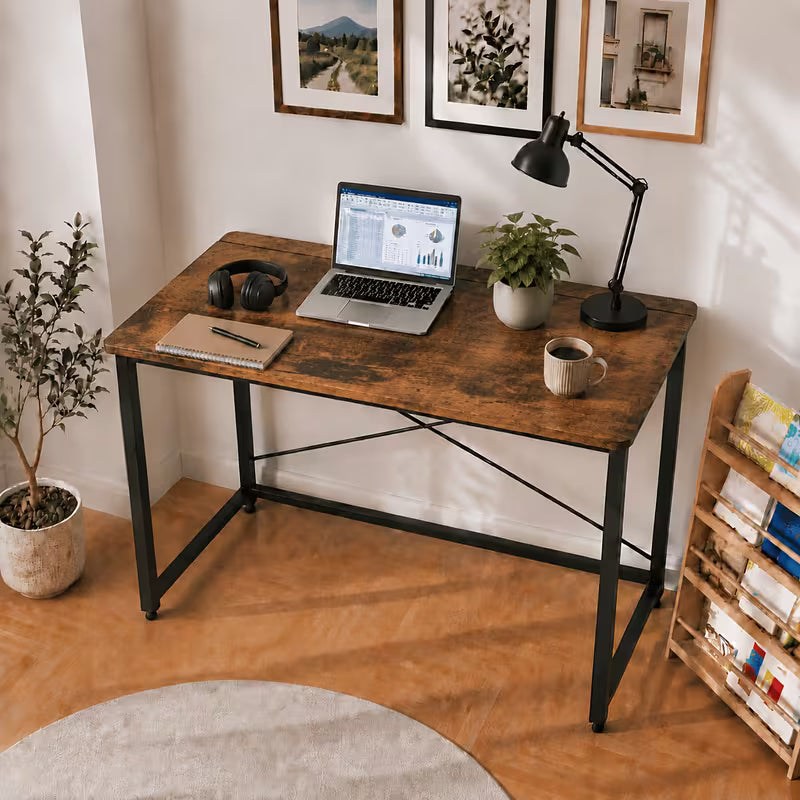 Collapsible Folding Desk, Rustic Brown Computer Table, Heavy Duty Steel Frame, No Assembly Needed