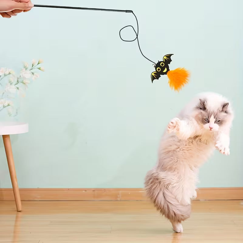 Halloween Design Cat Teaser Toy - Pumpkin Bat Artificial Feather Set, Plastic