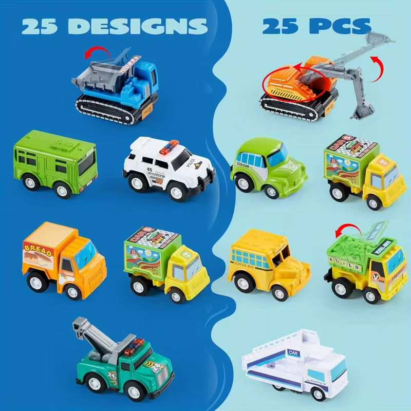 25-Piece Pull Back Cars and Trucks Toy Vehicles Set for Kids