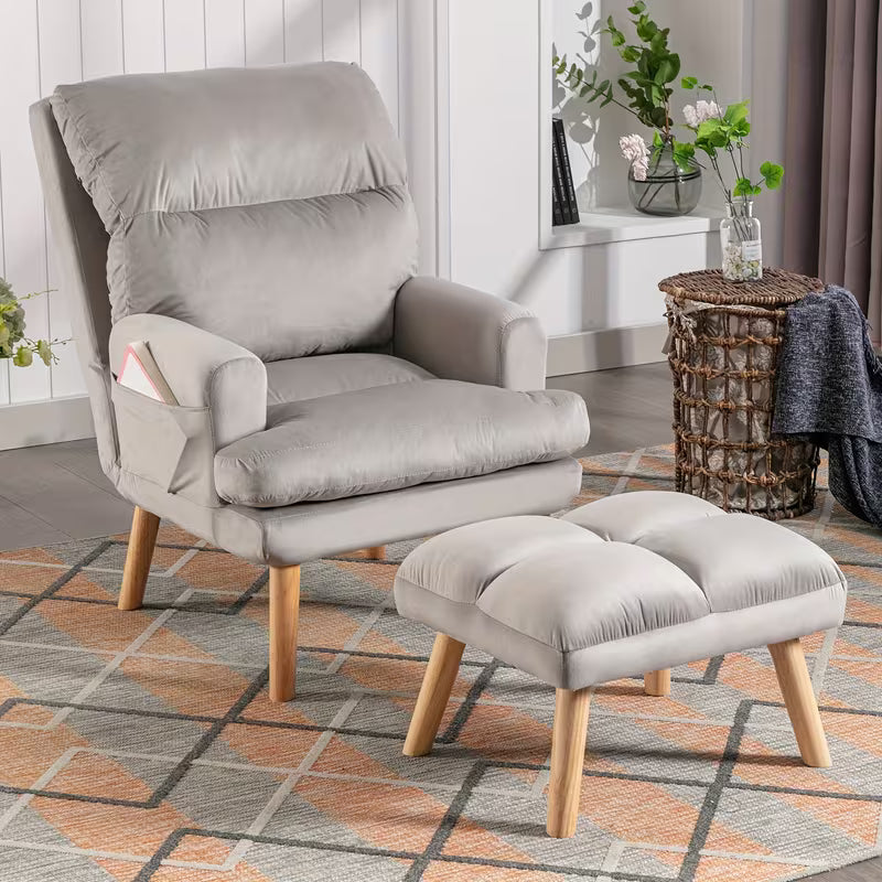Home Furniture, Modern Style Single Sofa Chair with Ottoman, Adjustable Backrest And Side Pockets