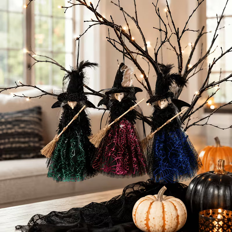 3pcs Gothic Witch Ornament with Faux Feather Hat & Shimmering Spiderweb Dress