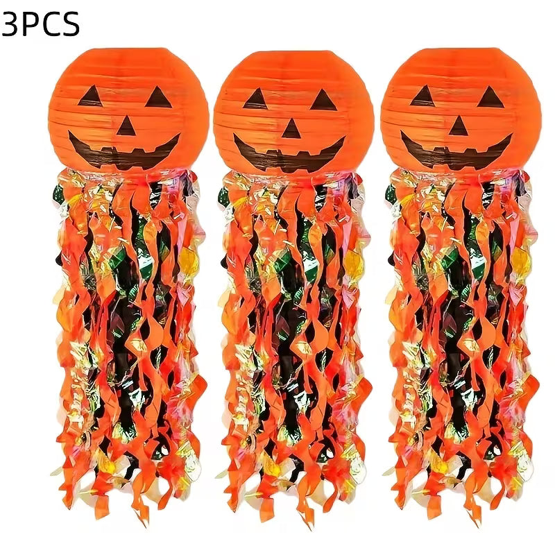 Halloween Jack-O-Lantern Ghost Decorations, Paper Pumpkin Lanterns with Streamers