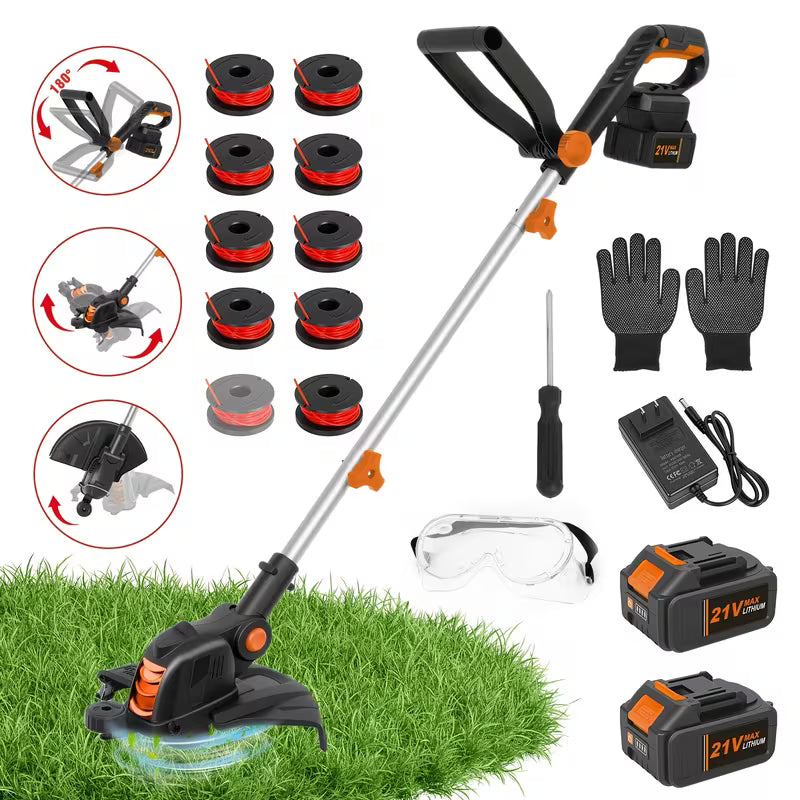 21V 2-In-1 Cordless String Trimmer And Lawn Edger, 90° Rotatable Head with Edging Wheel
