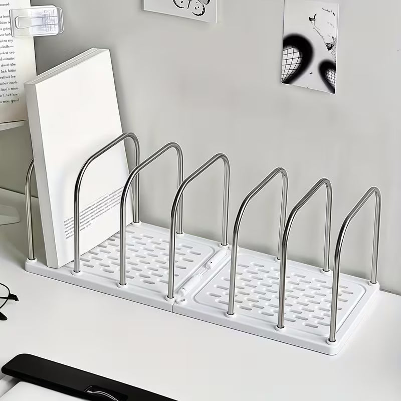1pc Stainless Steel + PP Material Desktop Bookshelf | Non-Slip Base with Adjustable Divided