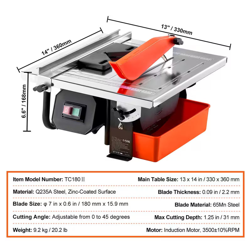 VEVOR Wet Tile Saw, 7-inch 65Mn Steel Blade, 3500 RPM Induction Motor