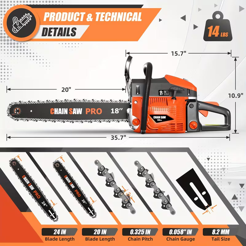 62CC Professional Chainsaw with 20 Inch, 22 Inch, 18 Inch, And 24 Inch Options