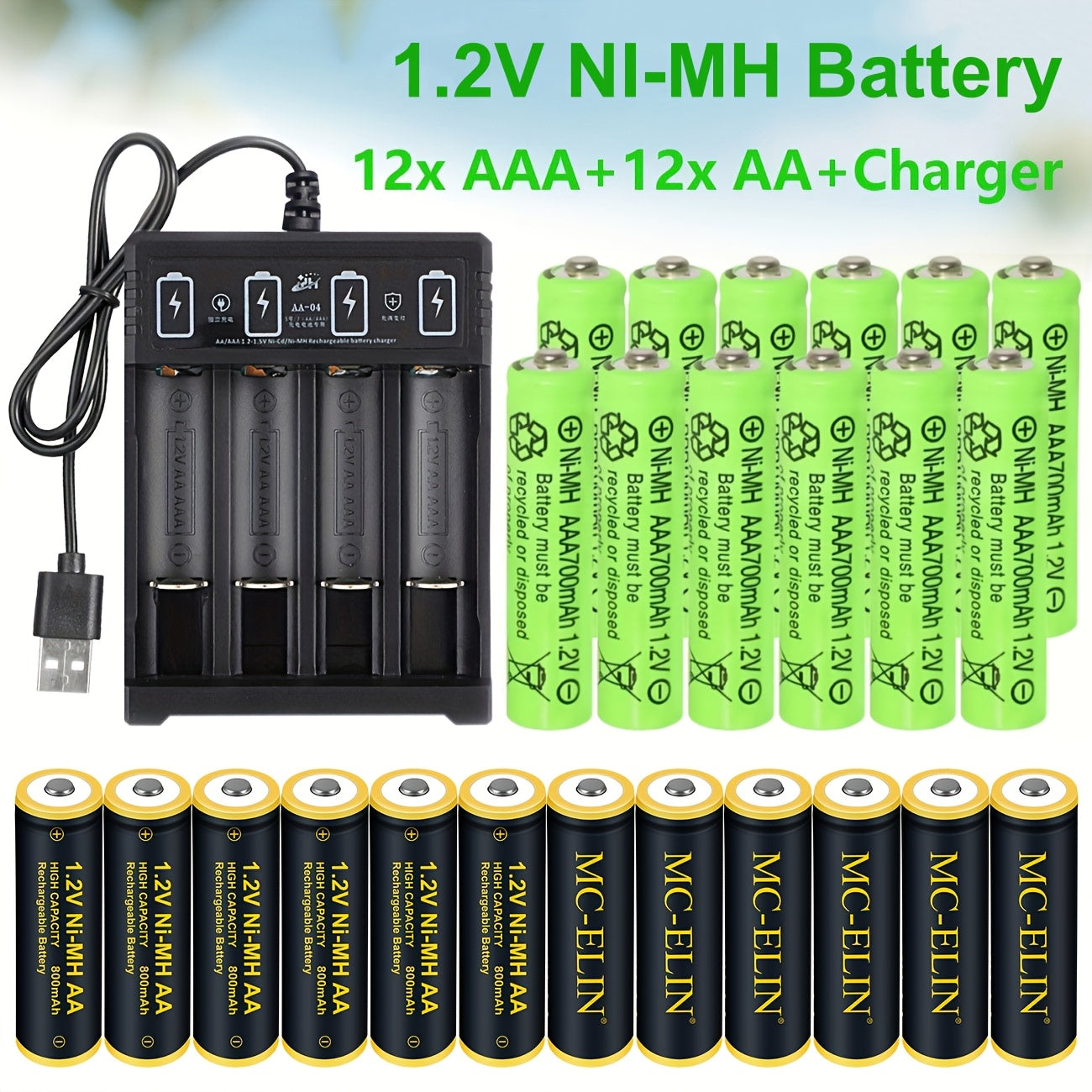 AA Batteries + 12 AAA Batteries + Charger; 8 AA