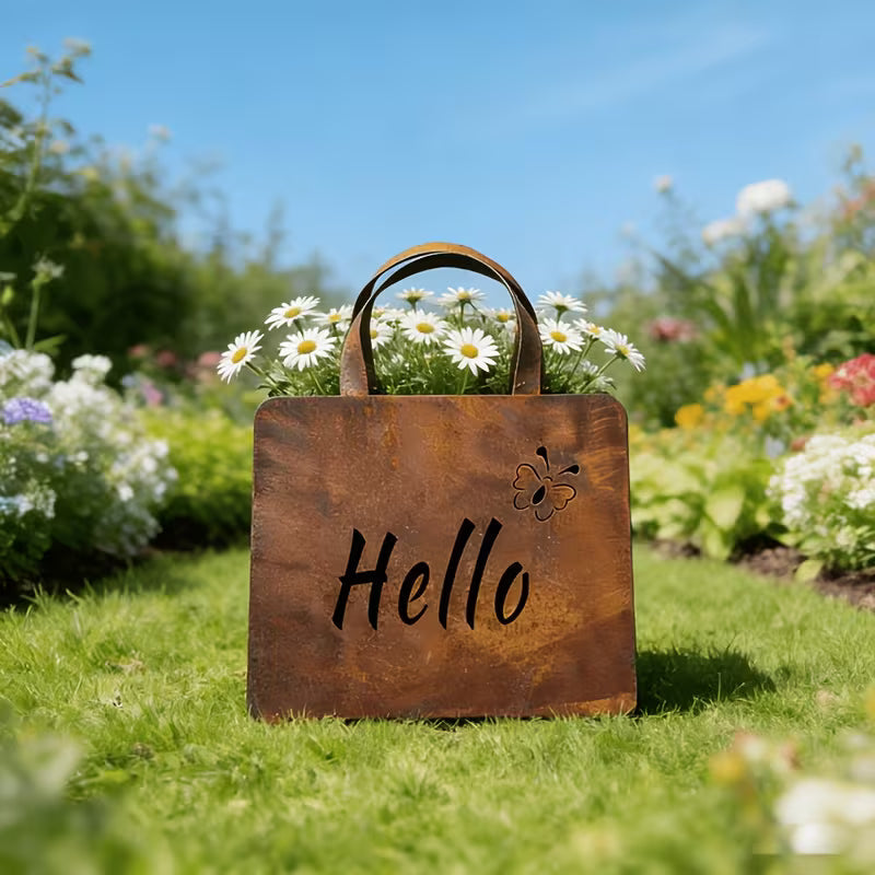 1pc Vintage Iron Handbag Garden Statue with Hello & Welcome Sign
