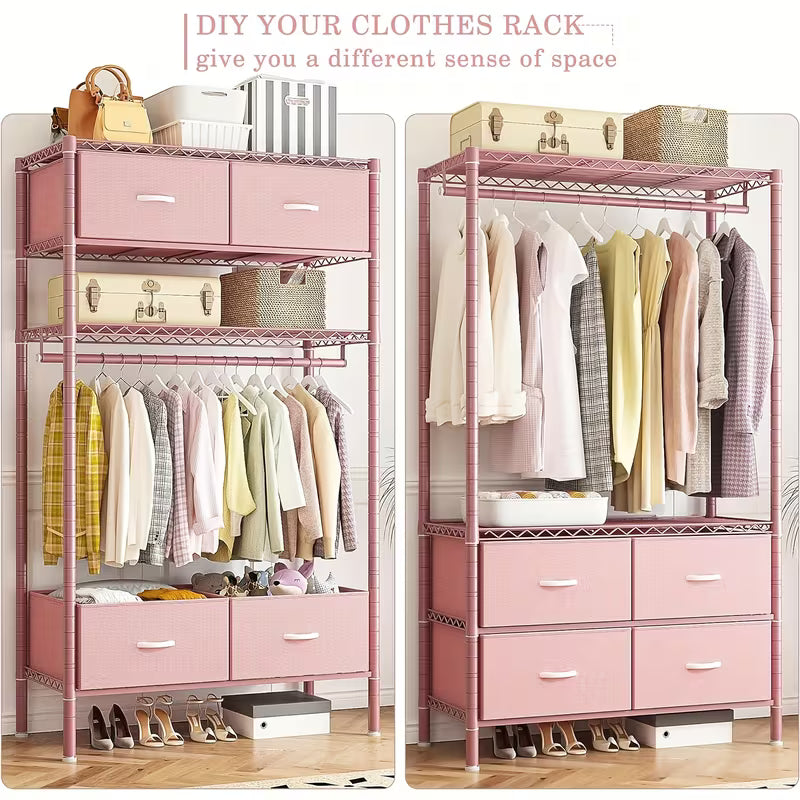 Heavy Duty Clothes Rack, Clothing Rack For Hanging Clothes With 4 Drawers Load 420LBS
