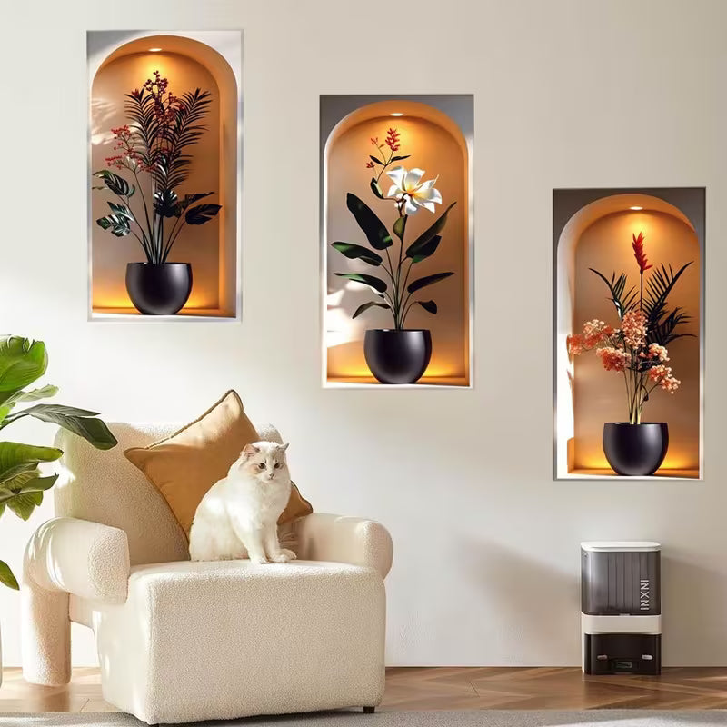 Green 1 Set of 3pcs 2D Flat Simulation Plant Simple Home Decoration Modern Elegant Wall Stickers