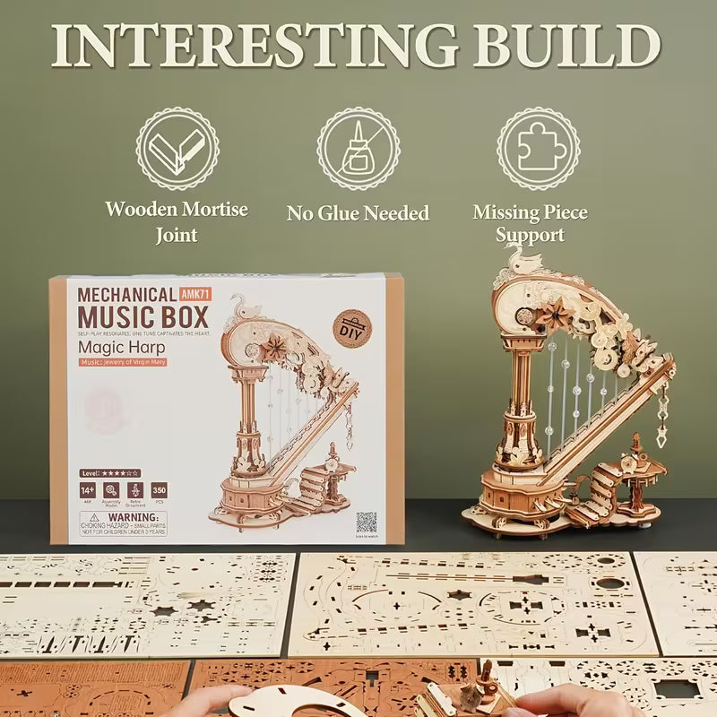 ROBOTIME 3D Wooden Puzzle Magic Harp Music Box with Mechanical Model