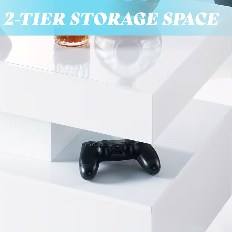 High Gloss LED Coffee Table, Modern 2-Tier Center Table