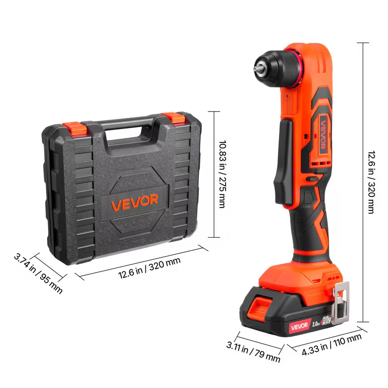 VEVOR Right Angle Drill 3/8 Inch Chuck 90 Degree Cordless Right Angle Drill