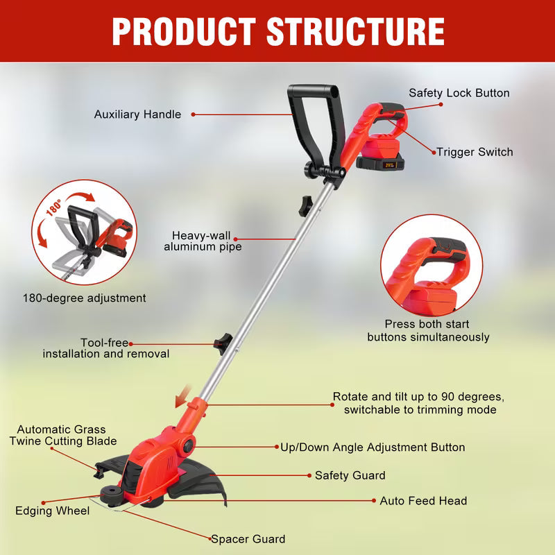 12-Inch Red Cordless String Trimmer Grass Trimmer 90 Degree Rotatable Head, Auto Line Feed System