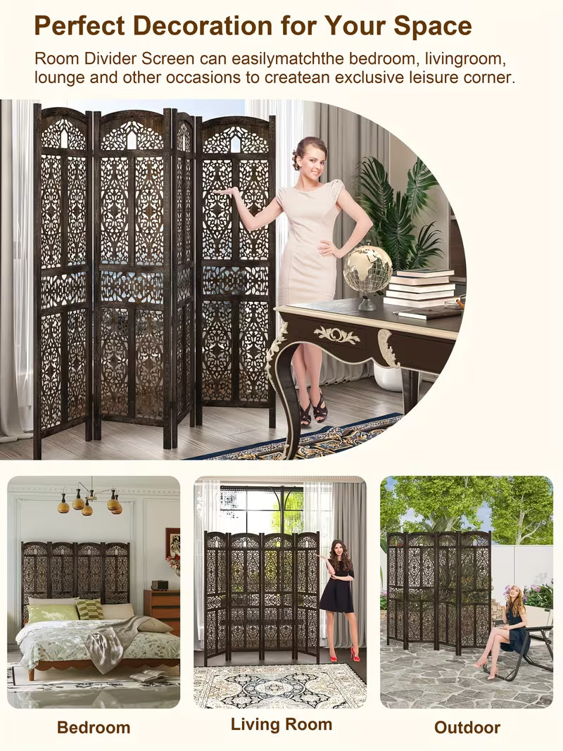 4-Panel Solid Room Divider Screen - 62" Freestanding, Wood