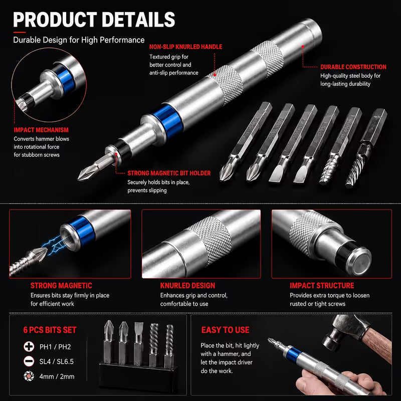 6-In-1 Impact Screwdriver Set of 7pcs Total |, Metal