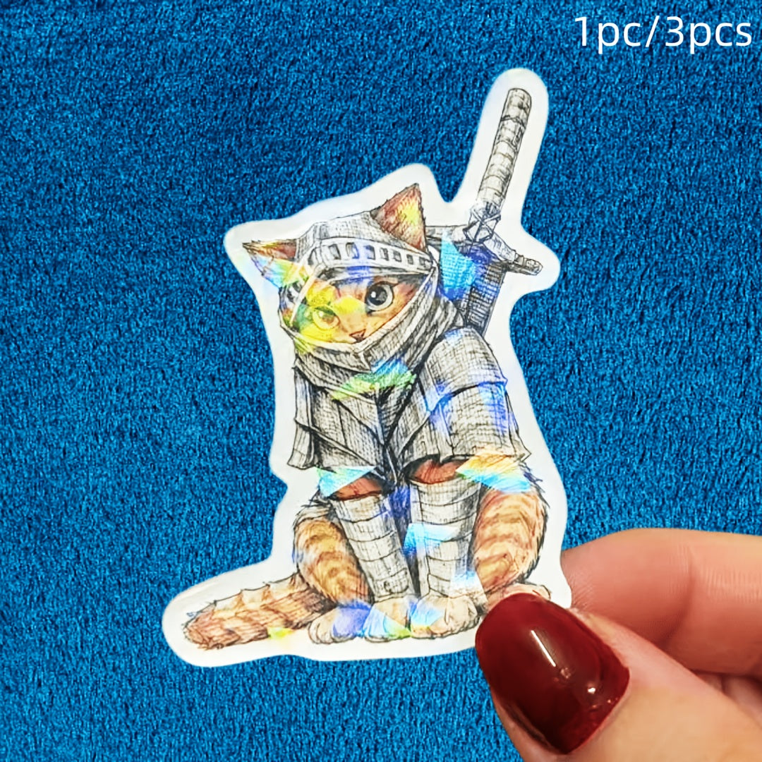 3pcs Hand-Painted Retro Armor Samurai Orange Cat Stickers, Cute Pet Set, Orange