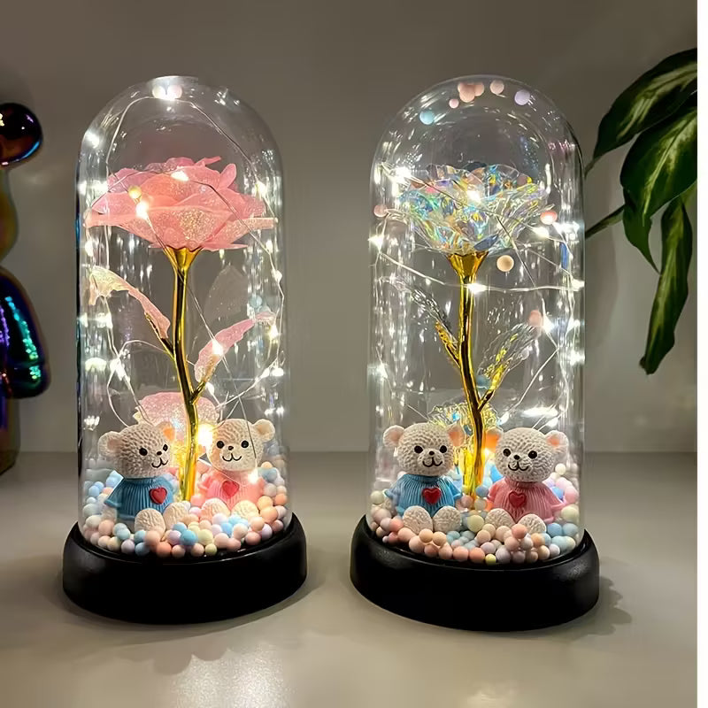 Elegant Tabletop Centerpiece in Clear Dome - Glow-in-the-Dark Rose Flower Set