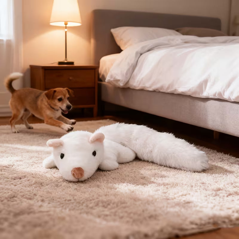 Interactive Plush Chew-Resistant Squeaky Dog Toy, White Mink, White
