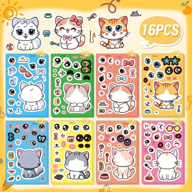 8-Piece/16-Piece/24-Piece Cute Cat Puzzle Stickers for Laptops Paper