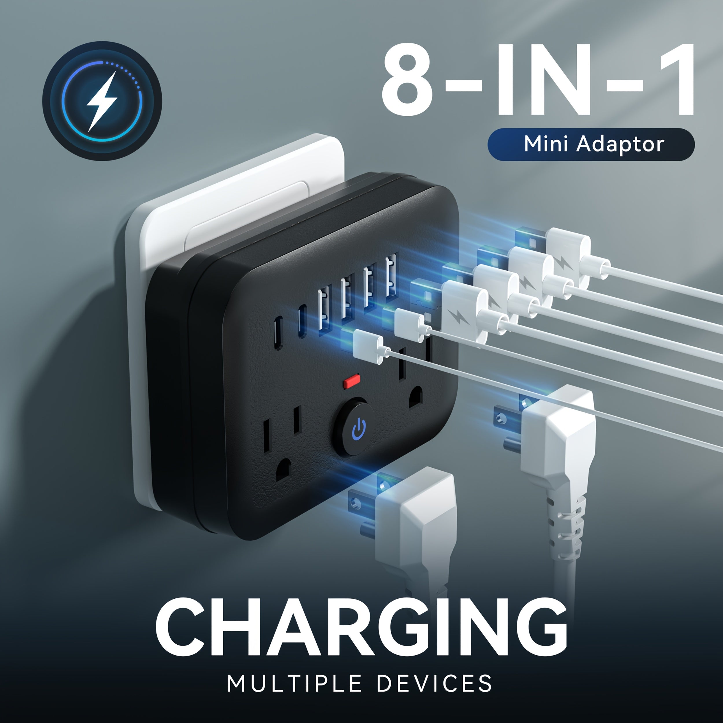 Mini Portable Surge Protector Power Strip, 8-In-1 Multifunctional 2 Outlets, Black