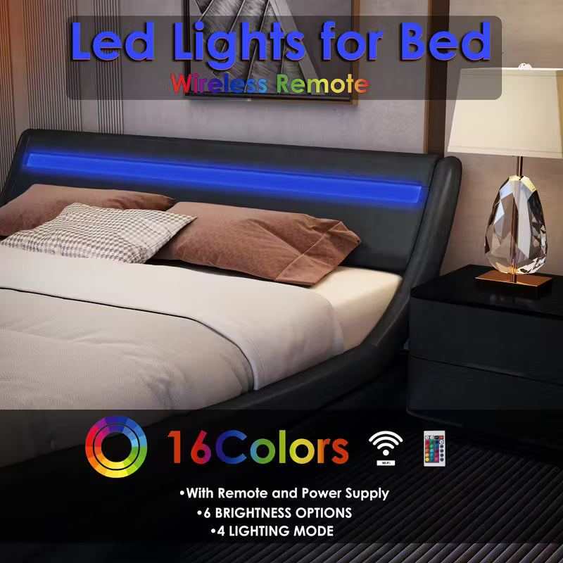 Modern Upholstered LED Bed Frame with Adjustable Headboard & Faux Leather Wave Bed