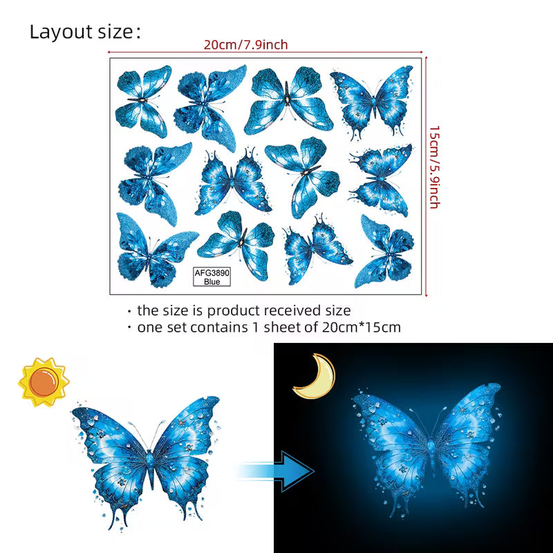 12pcs of Glowing Butterfly Wall Stickers, Luminous Butterfly Wall Decals in Sky Blue