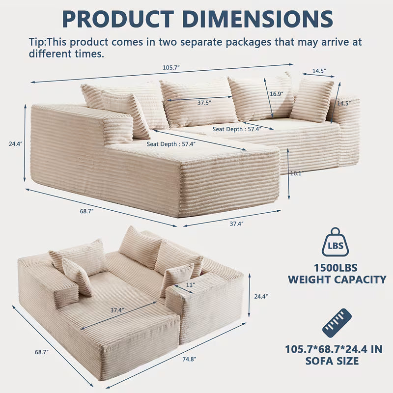 106" Cloud Sectional Couch with L-Shape Chaise, Modern Modular Sofa with Deep Seat
