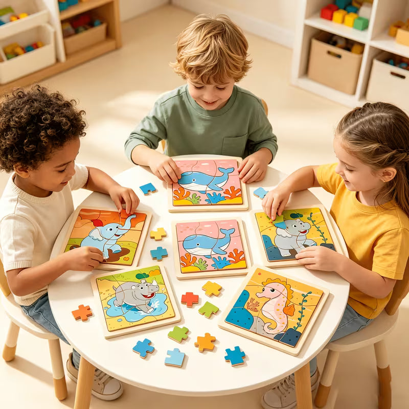 3/4 Sets Wooden Puzzle Educational Animal Puzzle Board