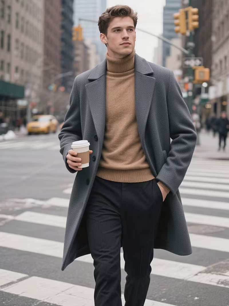 Men's Trench Coat with Notched Lapel, Single-Breasted, Winter Warm Business Long Coat