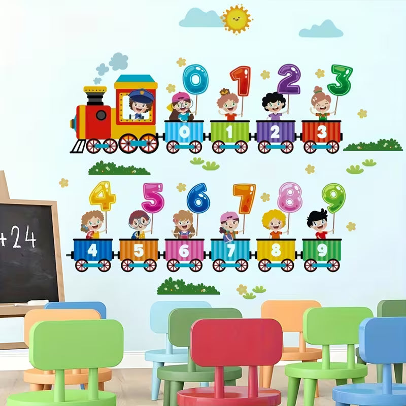 Educational Number Train Wall Sticker, Removable Self-Adhesive Paper with Colorful Cartoon