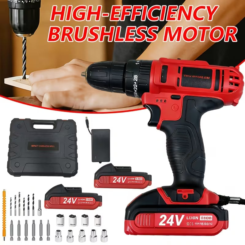 24V Cordless Impact Drill Set With Optional Drill Bits & Storage Case, High Speed, 2 Batteries