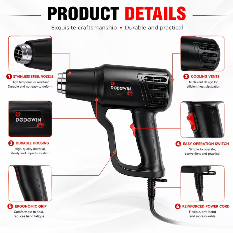 Heat Gun Kit, Fast Heating Dual-Temperature (662°F-1112°F)/(350°F-600°F) Hot Air Tool For Welding