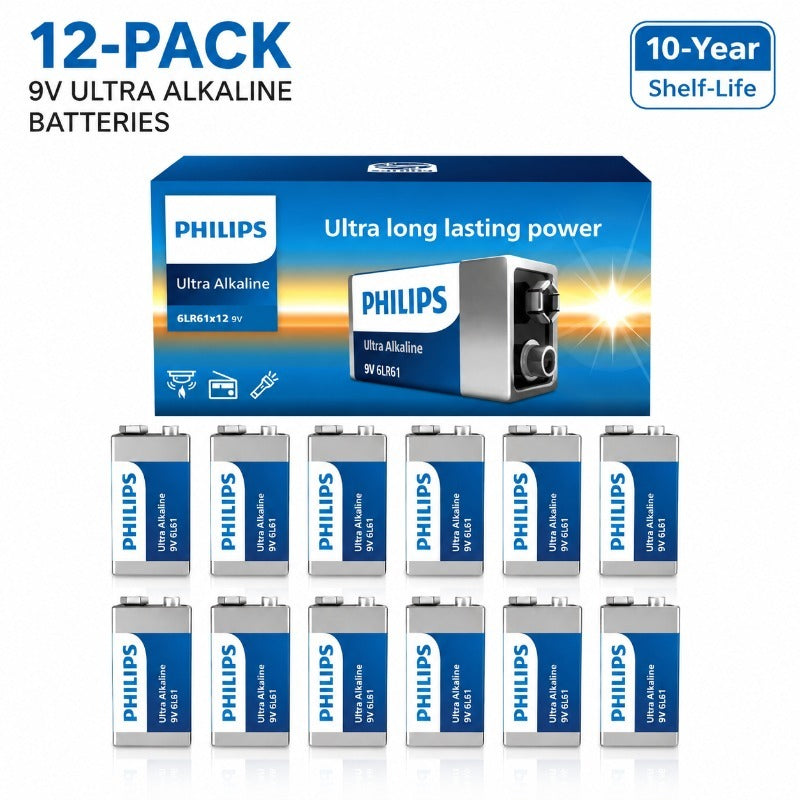 PHILIPS Ultra Long-Lasting 9V 6LR61 Alkaline Battery 4/8/12 Pack, Leak-Proof Set