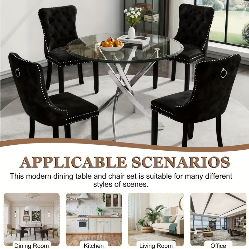5pcs Modern Dining Table and Chair Set with Tempered Glass Table & Velvet Chairs - -Frame Base