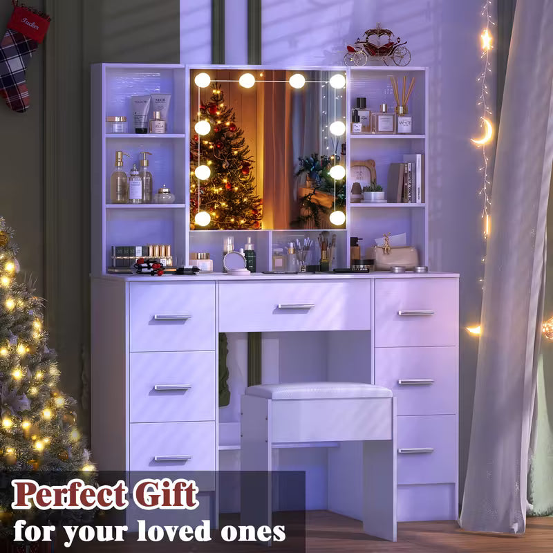 Vanity Desk Dressing Table Makeup Dressing Table Set with LED Illuminated Mirror, 7 Drawers