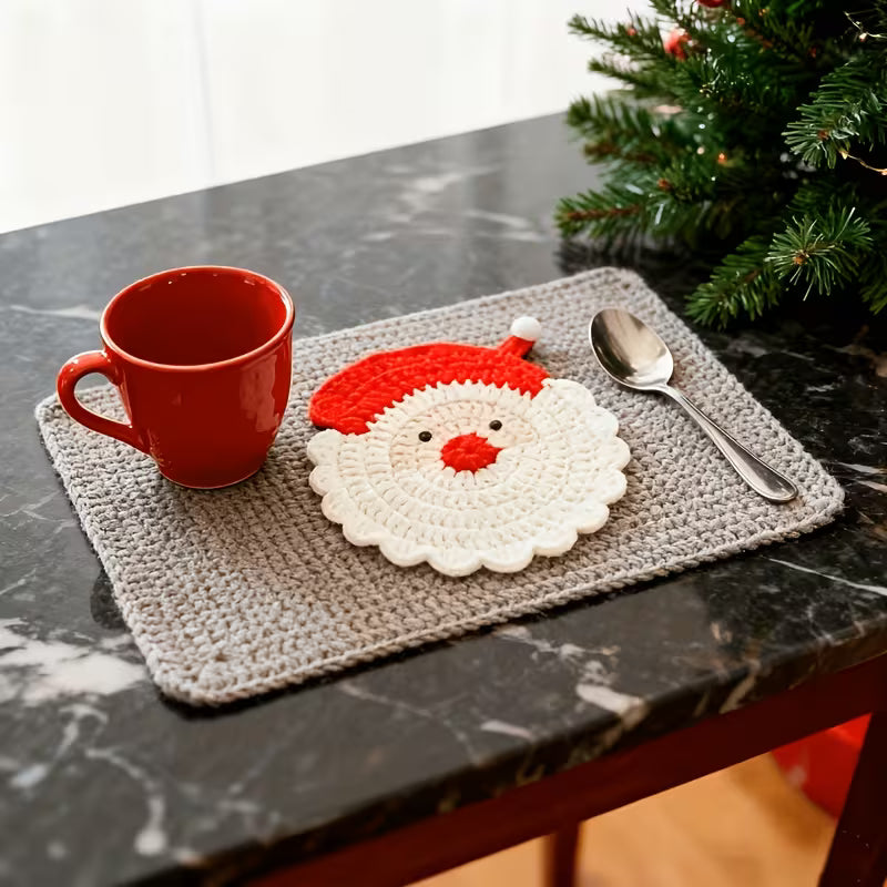 2pcs Handmade Crochet Santa Claus Coasters - Holiday Decoration, Durable Fabric Drink Tray