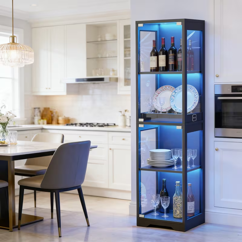 Single Door Glass Display Cabinet 4 Tier with 3 LED Lights Smart Motion Sensor Large Capacity