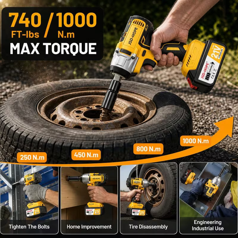 21V Brushless Lithium Impact Wrench Kit, Large Capacity Battery, 1000Nm Max Torque, 3300RPM