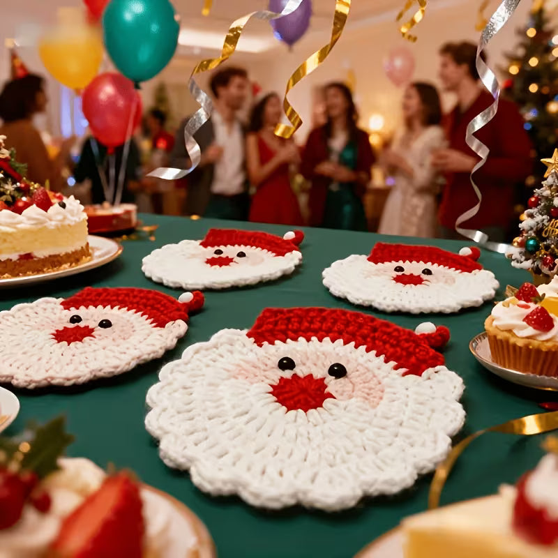 2pcs Handmade Crochet Santa Claus Coasters - Holiday Decoration, Durable Fabric Drink Tray